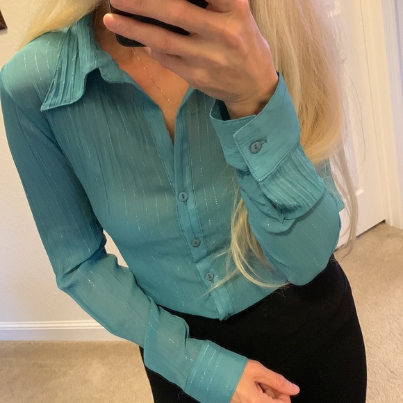 Anxiety Tops - Teal shirt with silver stripes size M